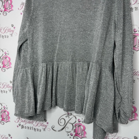Lety & me cardigan grey sparkly shimmer grey silver ruffle tiered trim cinch - Picture 6 of 13